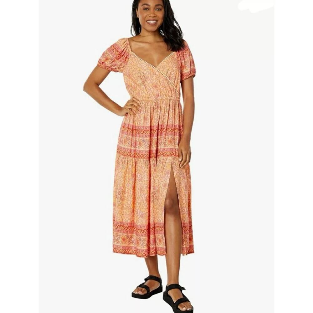 Lucky Brand Floral Midi Dress Women’s L Tiered Peach Orange Block Print Boho